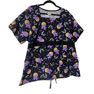 Tafford Women's Scrub Top Size XL Halloween Black Cat Haunted House Tie-Back Boo